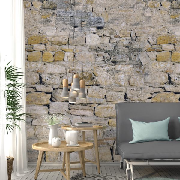 Living room with sofa and concrete chandelier